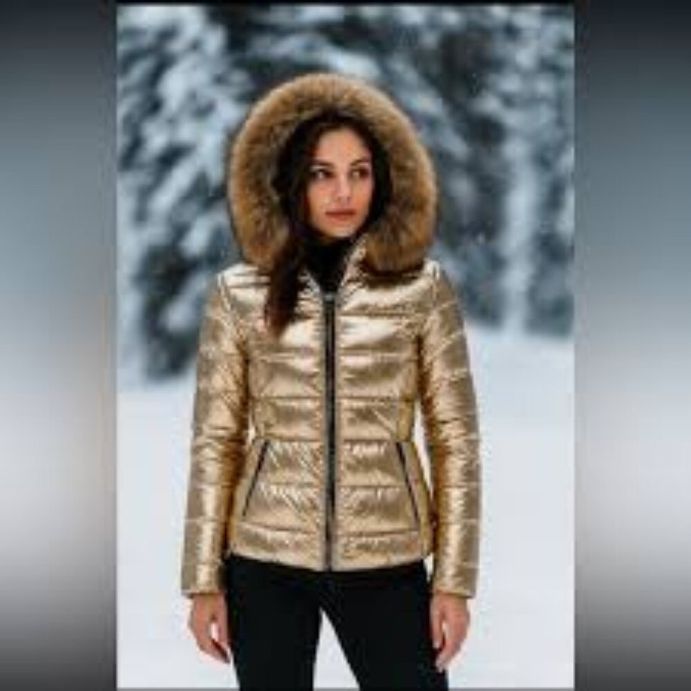 NV Apparel Metallic Puffer Lightweight Jacket with Detachable Faux Fur Collar